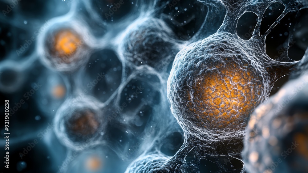Poster microscopic view of cells with intricate network of structures. blue and orange hues create a vibran