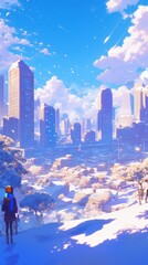 Enchanting Winter Cityscape: Anime-Style Illustration of Desolate Urban Beauty. Magical Snowy Wonderland with Whimsical Elements for Creative Marketing, Game Design, and Seasonal Artwork. Dreamy Blue-