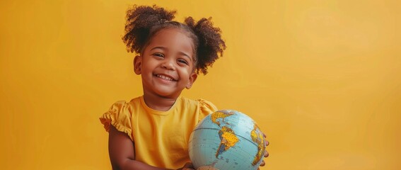 A young girl is holding a globe in her arms and smiling