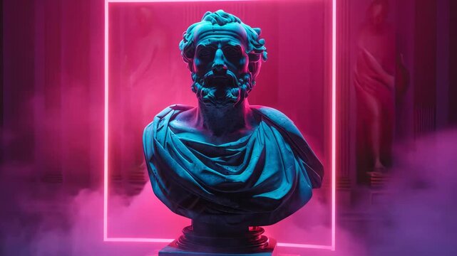 Antique Marble Statue Bust Illuminated by Neon Pink and Blue Lights with Fog in Neo-Classical Setting at Night, Surreal Artistic Visualization