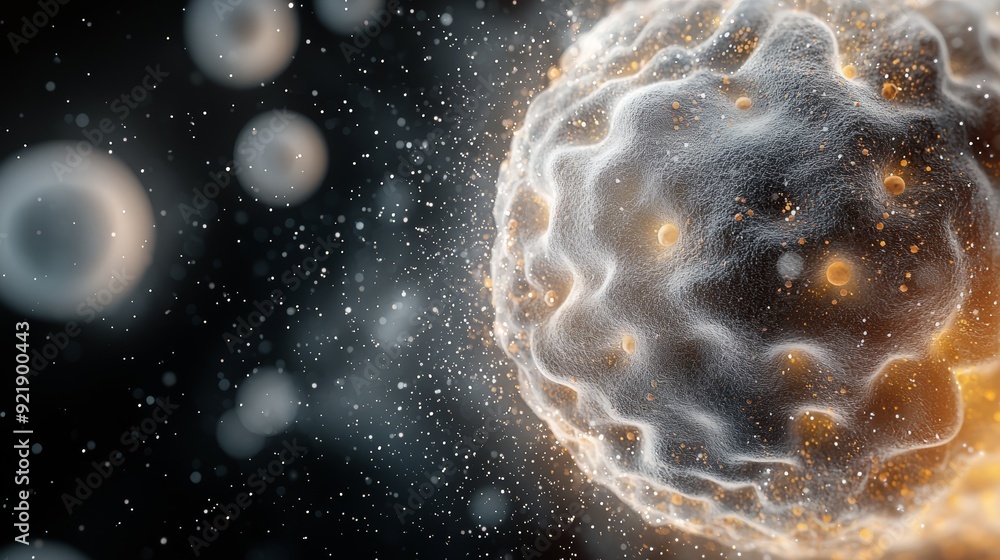 Poster abstract close-up of a cell with glowing core, surrounded by smaller cells in a dark background.