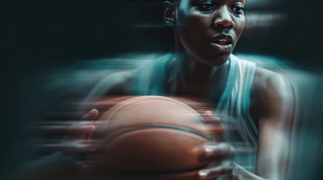 An action-packed image capturing the blurred motion of a basketball player holding the ball in intense focus, highlighting the dynamic and energetic nature of the sport.