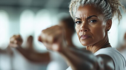 An experienced martial artist is practicing with full dedication, showing intense focus and martial arts stance, surrounded by fellow practitioners in a well-lit training environment.