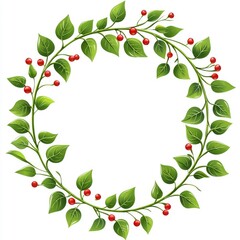 Fototapeta premium Green Vine Wreath with Red Berries