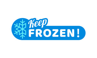 Blue frozen cold product icon. Isolated vector sticker, features snowflake or frost symbol and keep frozen type. Label for refrigerated food production r packages or frosty cold preservation items
