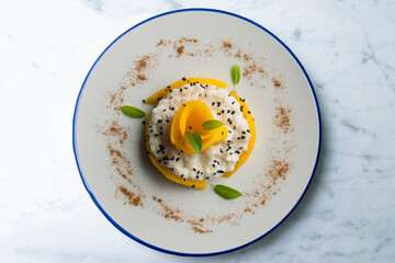 Delicious Thai sticky rice with fresh fruit.