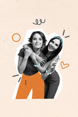 Vertical composite artwork collage image picture of two girls cuddle isolated on creative background