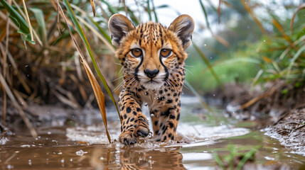 Obraz premium A young cheetah cub walks through a muddy puddle in the wild, with its curious eyes focused ahead