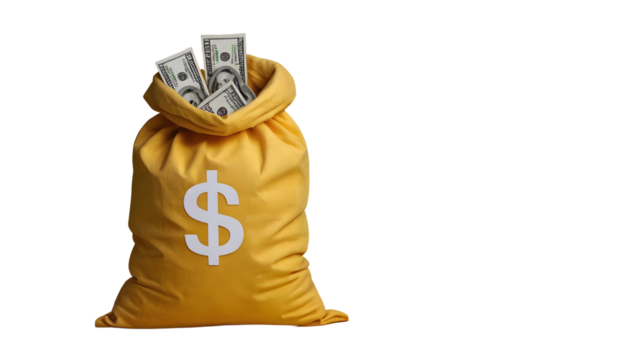 Yellow bag full of money isolated png - Powered by Adobe