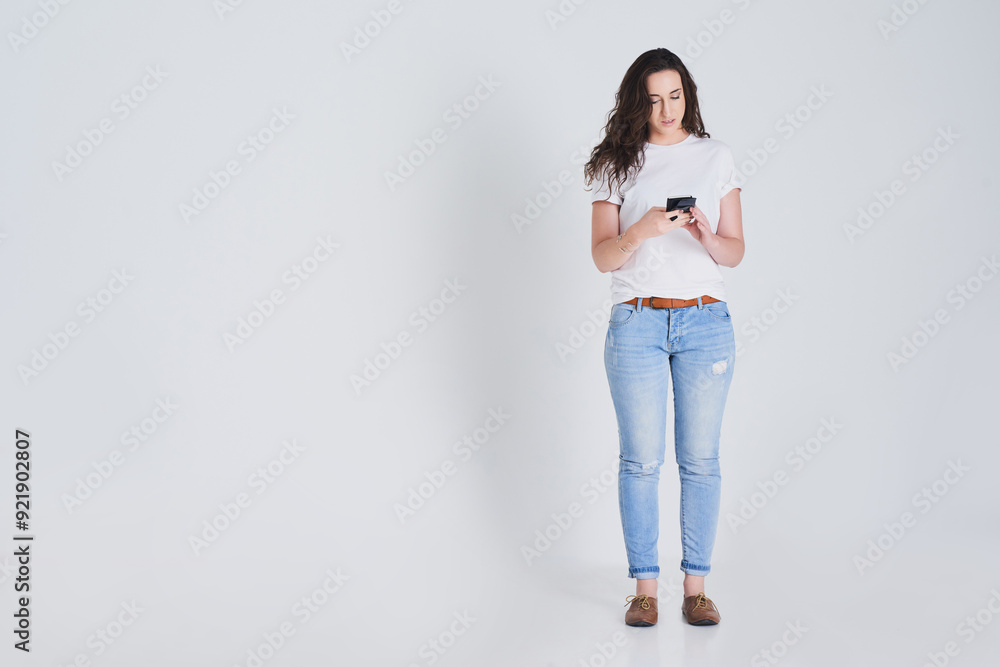 Poster texting, online and woman with cellphone, studio and chat in space, reading and notification of soci