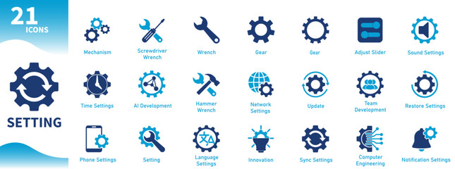 Settings icon. Set of gear icons, techniques, mechanisms, updates, mechanics. Solids vector symbol.