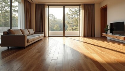 Newly installed flooring in a home, showcasing a flooring advertisement shoot.