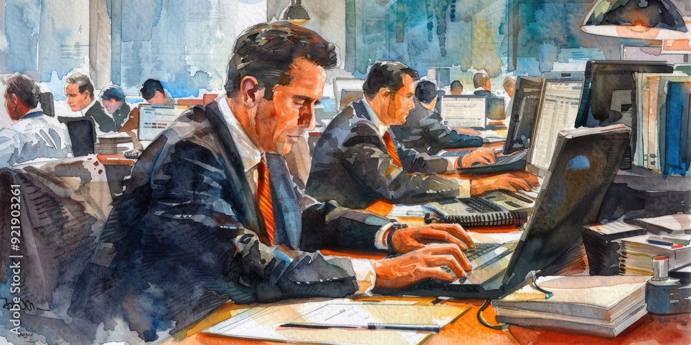 Poster two men focus on their tasks while seated at computers in a bustling office