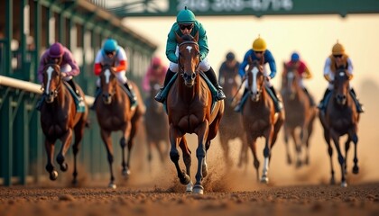 A horse race portrait from the starting gate shows the lead horse bursting out, dirt flying, and jockeys in focus, conveying excitement.