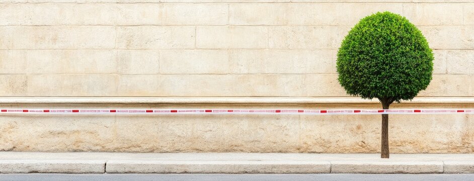 A small green tree stands resiliently behind red and white tape at a construction site near a concrete wall