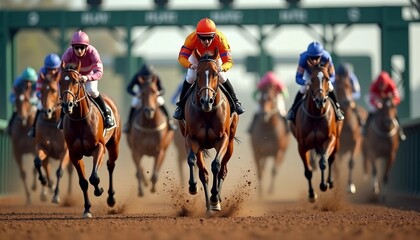 A horse race portrait from the starting gate shows the lead horse bursting out, dirt flying, and jockeys in focus, conveying excitement.