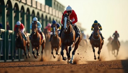 A horse race portrait from the starting gate shows the lead horse bursting out, dirt flying, and jockeys in focus, conveying excitement.
