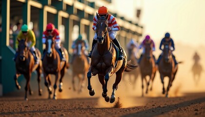 A horse race portrait from the starting gate shows the lead horse bursting out, dirt flying, and jockeys in focus, conveying excitement.