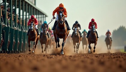 A horse race portrait from the starting gate shows the lead horse bursting out, dirt flying, and jockeys in focus, conveying excitement.