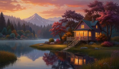 Fototapeta premium Serene Lakeside House at Dusk