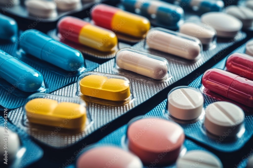 Poster diverse array of colorful tablets and capsules depicting the wide range of medication available toda