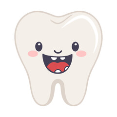 A cute cartoon tooth with a happy, smiling face