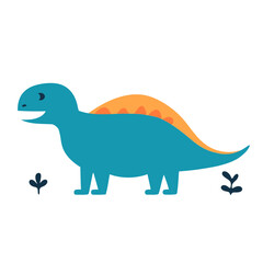 A cute blue and orange dinosaur with a long neck and tail, standing on a grassy background