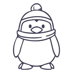 A cute cartoon penguin wearing a winter hat and scarf