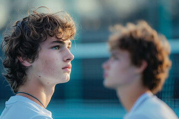 Closeup Generative AI portrait of focused sportsman sportswoman at tennis court practicing preparing for contest