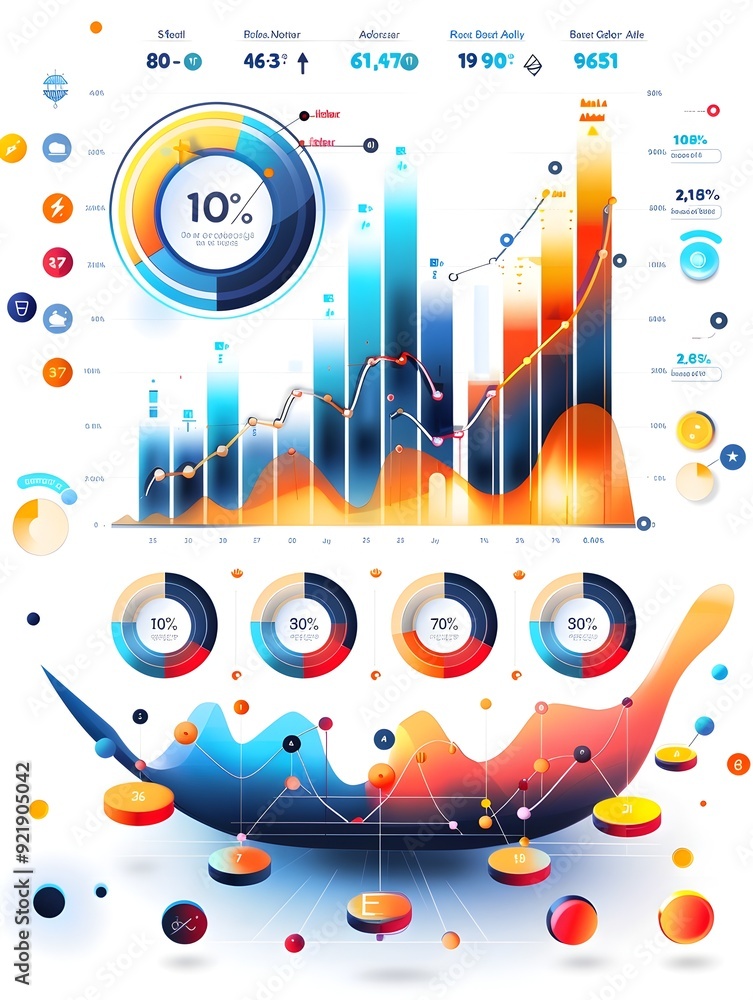 Poster colorful infographic with data visualization and charts.