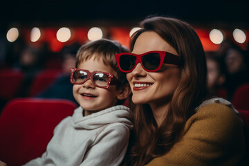 AI generated rear view photo of mother and child watching movie
