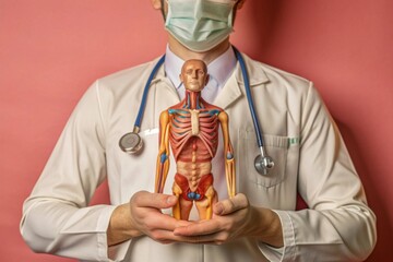 doctor holding anatomy model for study diagnosis and treatment in hospital.