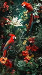Colorful parrots interact among tropical plants and vivid flowers in a lush, vibrant jungle atmosphere