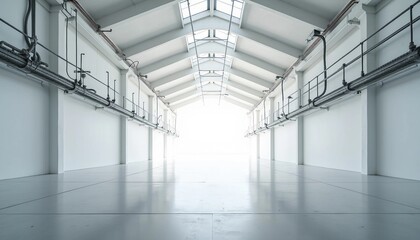 Obraz premium Inside a vast, empty factory, soft white tones and industrial pipes create an airy ambiance, with light reflecting off the shiny floor.
