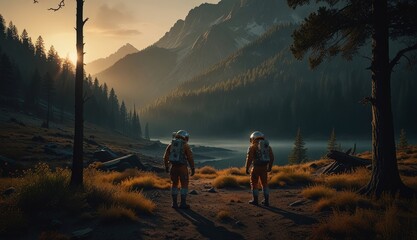 Obraz premium Explorers in a Distant Landscape