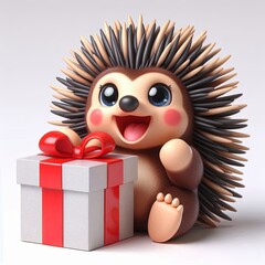 Obraz premium cute Excited echidna with a gift box 3d Generative aI