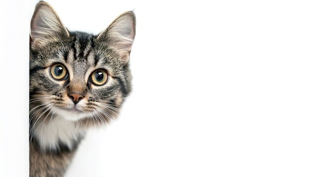 A curious cat peeks out from around the corner on a white background. Advertising banner mockup for a pet store or veterinary clinic