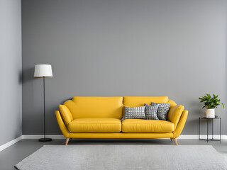 living room gray wall with yellow sofa-interior background.