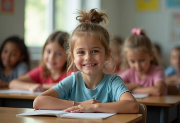 Fototapeta premium In a bright classroom, an elementary student smiles warmly at their desk, surrounded by engaged classmates in a cozy setting.