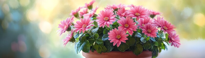 Obraz premium A beautiful pink flower arrangement in a pot with a blurred green background, perfect for gardening and floral themed projects.