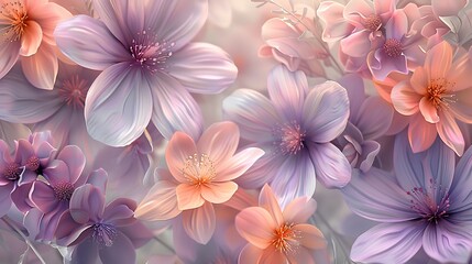 Floral pattern in pastel shades, delicate pink, lavender, and peach flowers, intricate and elegant design, high-definition quality, seamless and light. --ar 16:9 --v 6.0 --s 250 --style raw