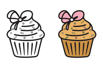 Charming Cupcake Coloring Page with Ribbon for Kids - Delicious Cupcake Coloring Book for Adults and Teens