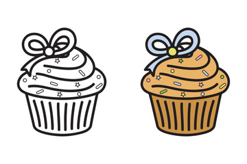 Charming Cupcake Coloring Page with Ribbon for Kids - Delicious Cupcake Coloring Book for Adults and Teens