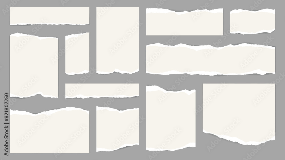 Poster white torn paper notes with ripped edges and corners, vector page scraps. torn paper strips, cut shr