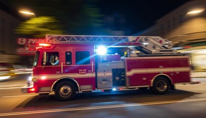 A dynamic shot of a fire truck moving towards a fire in the city center at night.

