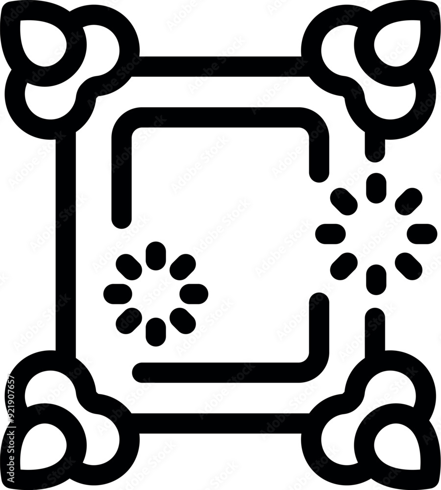 Poster line art icon of a magic frame with shining particles and leaves around it