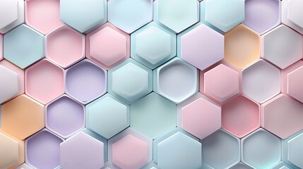 Fototapeta premium Hexagon honeycomb pattern in pastel hues, soft shades of lavender, mint, and peach, seamless and geometric, hd quality, light and whimsical feel, elegant design. --ar 16:9 --v 6.0 --s 250 --style raw