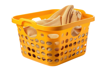 A Cheerful Orange Laundry Basket Filled With Soft, Cozy Towels in a Bright and Sunny Room on White or PNG Transparent Background.
