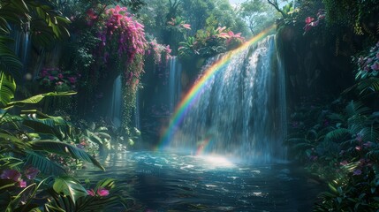 A cascading waterfall in a lush rainforest, with a vibrant rainbow arcing over the water.  The scene is bathed in a soft, ethereal light.