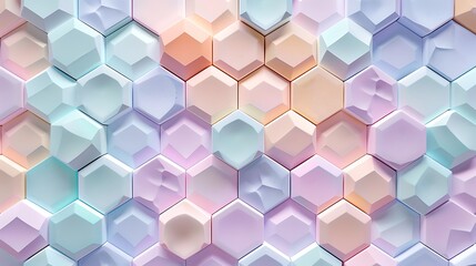 Honeycomb pattern in pastel colors, soft hues of lavender, mint, peach, and pink hexagons, seamless and geometric design, hd quality, light and airy feel, delicate and whimsical. 